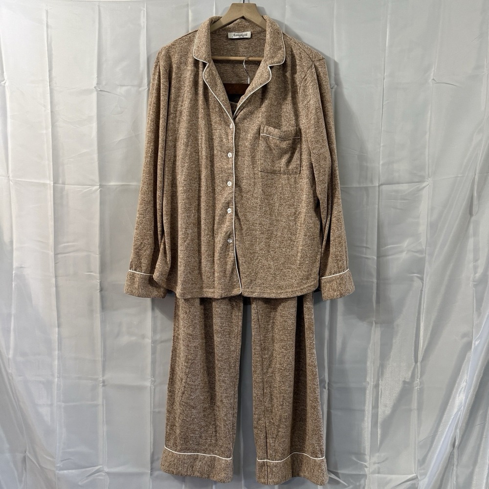 Womens XL Pajama Set Brown Tan Loungewear‎ Button Down Longsleeve Soft Pjs